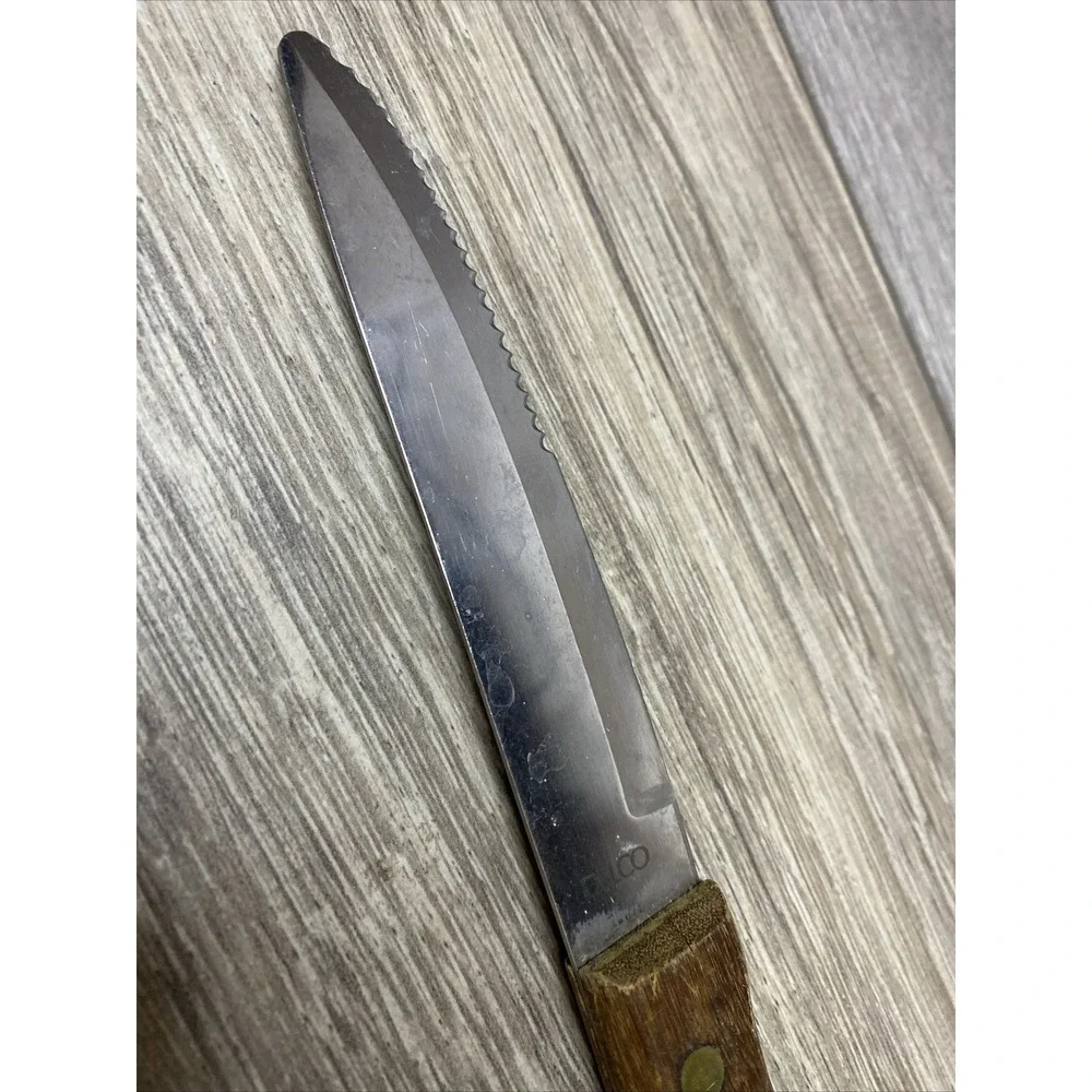 Delco Steak Knife Vintage‎ Serrated Stainless Steel Wood Handle 8.25 Inch Brass